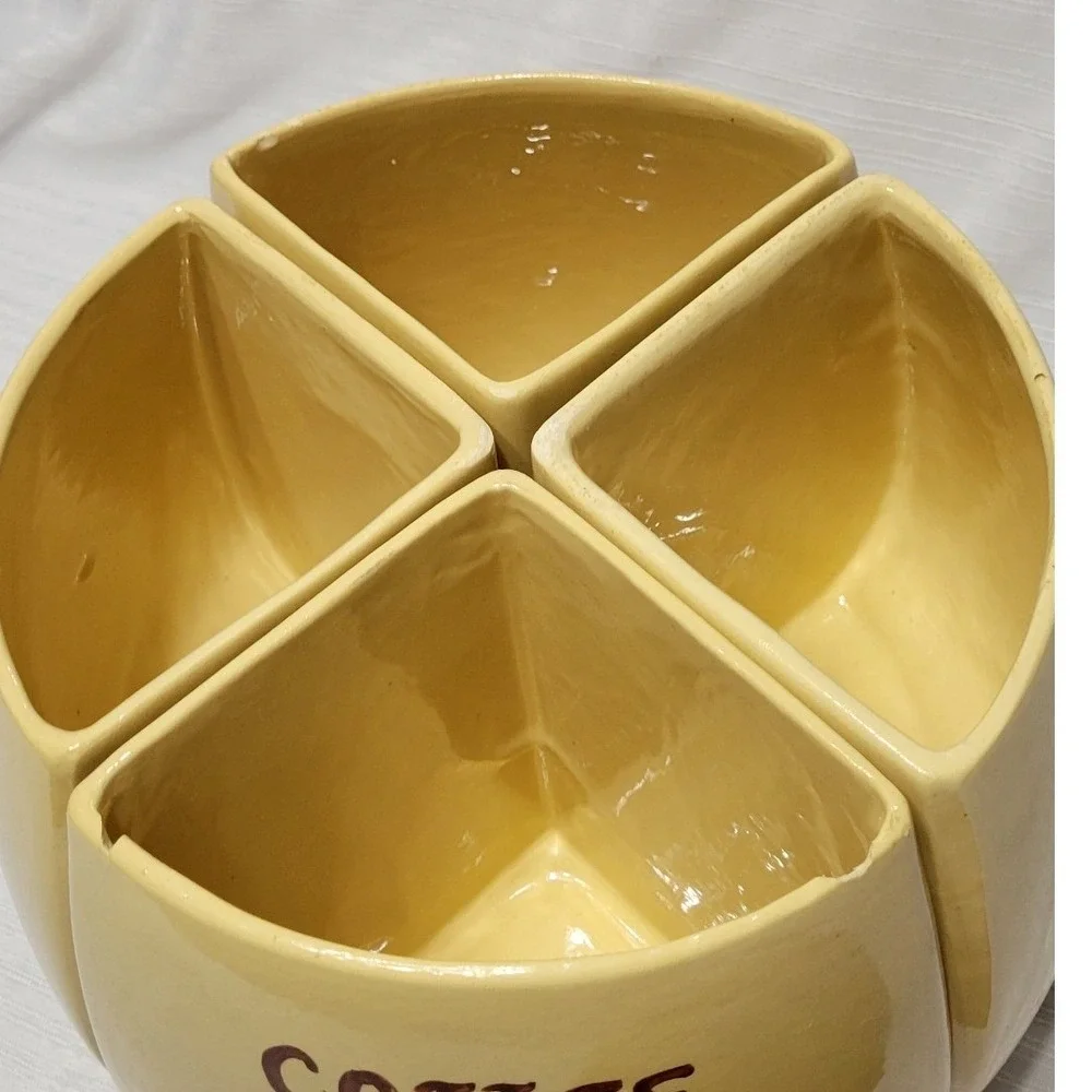 Vintage Ceramic Fruit Motif Wood lid 4 Piece Wedge Cannister set lazy susan